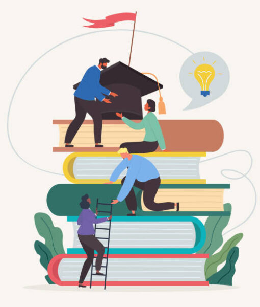 Learning progress and book reading as horizon expansion. Knowledge gain, academic studying, cognitive academic research. Smart people common support. Flat cartoon vector illustration